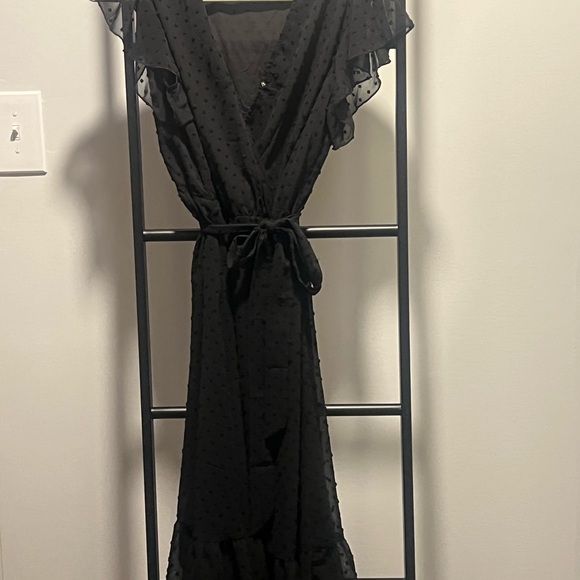 Bohemian Casual Wrap V Neck Ruffle Cap Sleeveless Belt A-Line Pleated Hem Midi - Picture 7 of 11